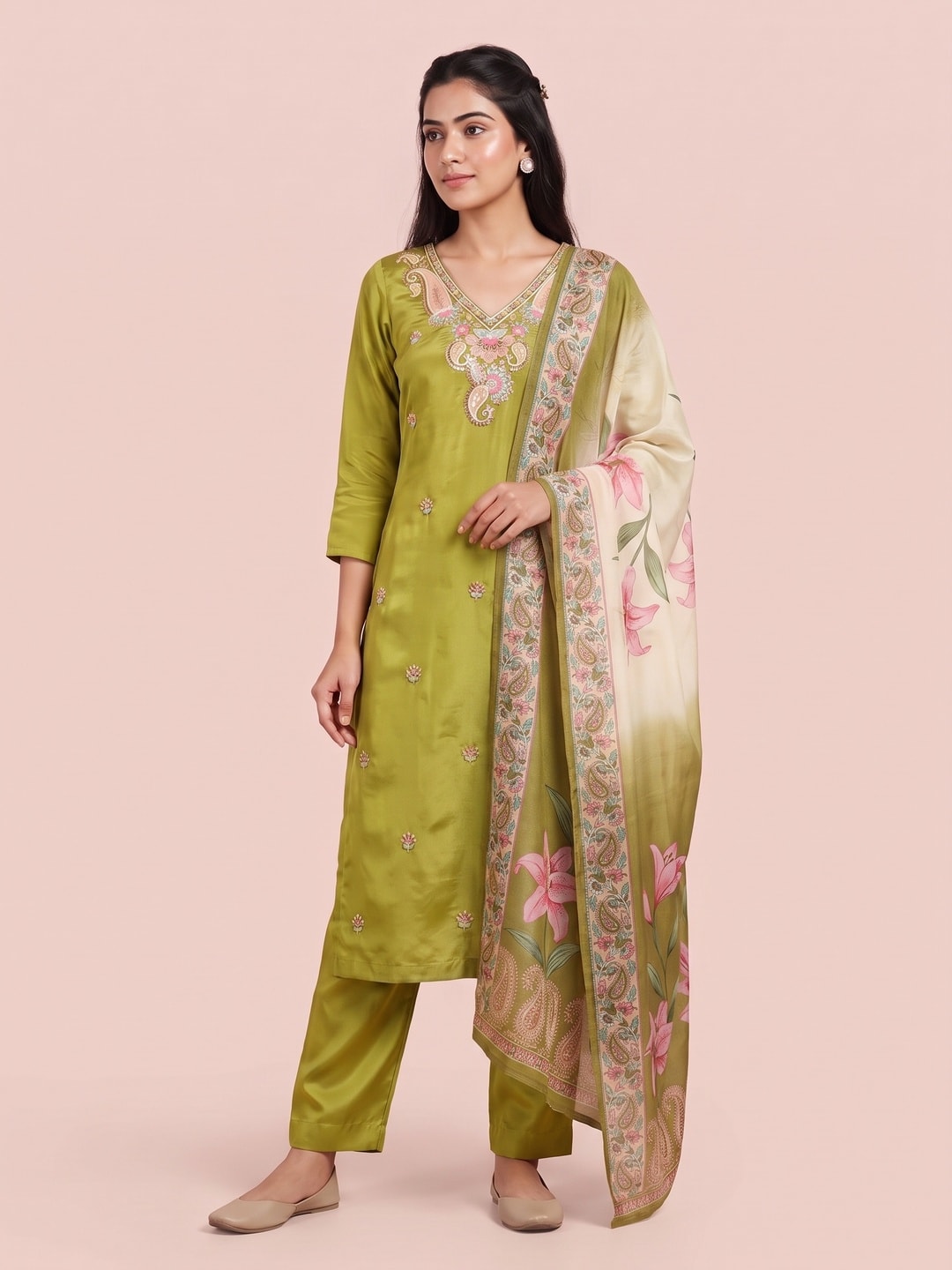 Peachmode Green Muslin Paisley Embroidered Yoke Salwar Suit With Printed Dupatta - Image 1