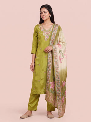 Peachmode Green Muslin Paisley Embroidered Yoke Salwar Suit With Printed Dupatta - Image 1