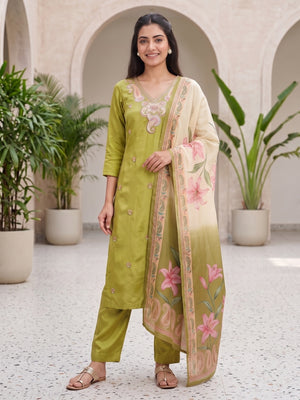 Peachmode Green Muslin Paisley Embroidered Yoke Salwar Suit With Printed Dupatta - Image 2