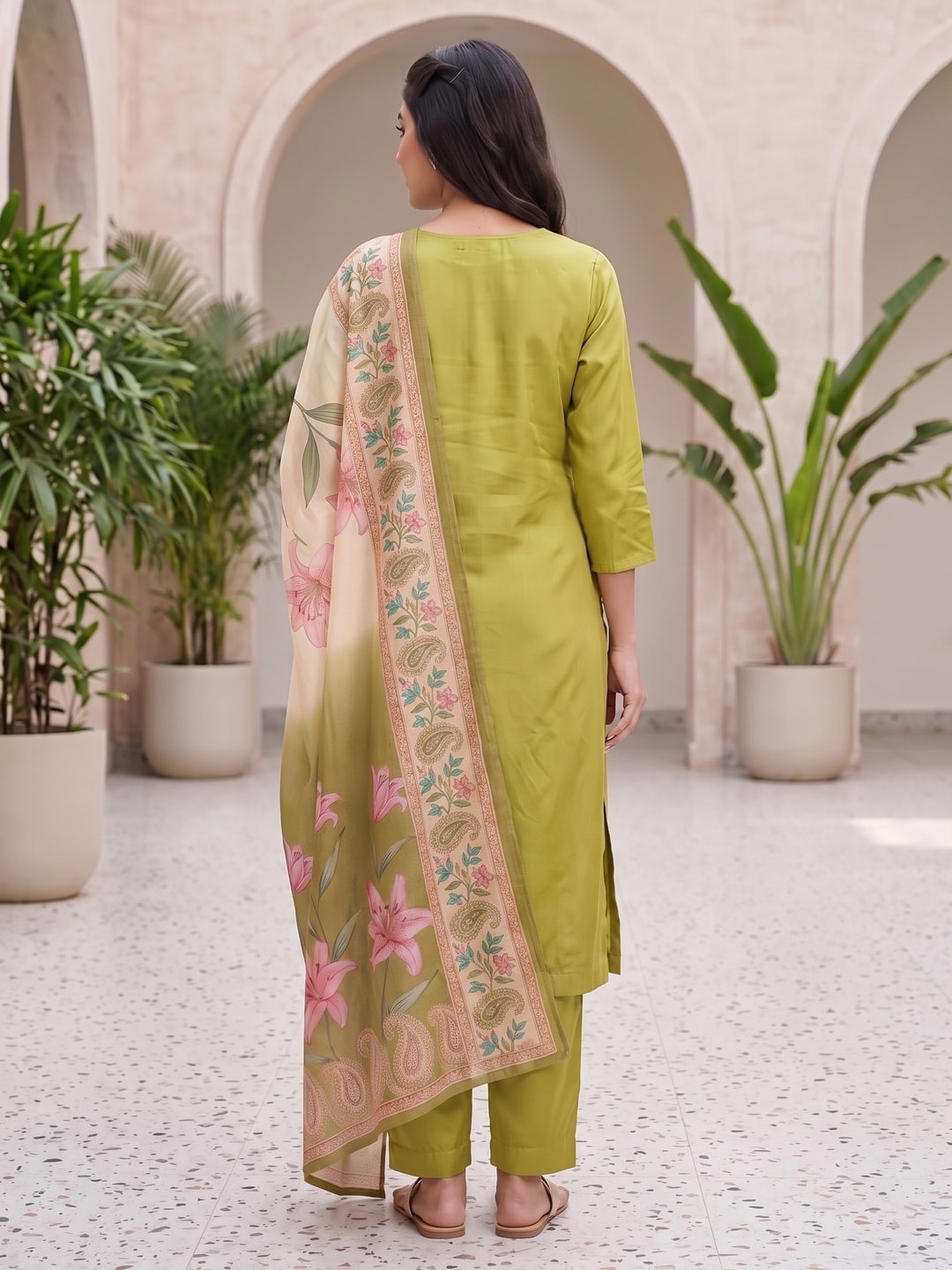 Peachmode Green Muslin Paisley Embroidered Yoke Salwar Suit With Printed Dupatta - Image 4