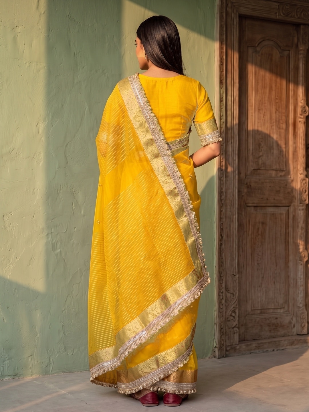 Peachmode Yellow Ghungroo Embroidered Nylon Organza Saree With Jacquard Border And Designer Lace - Image 2