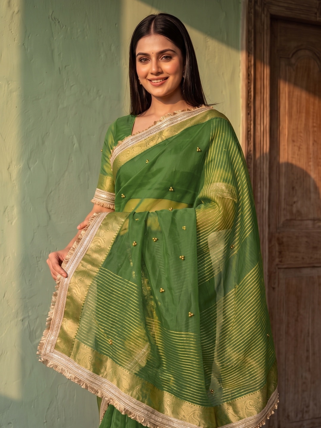 Peachmode Green Ghungroo Embroidered Nylon Organza Saree With Jacquard Border And Designer Lace - Image 3