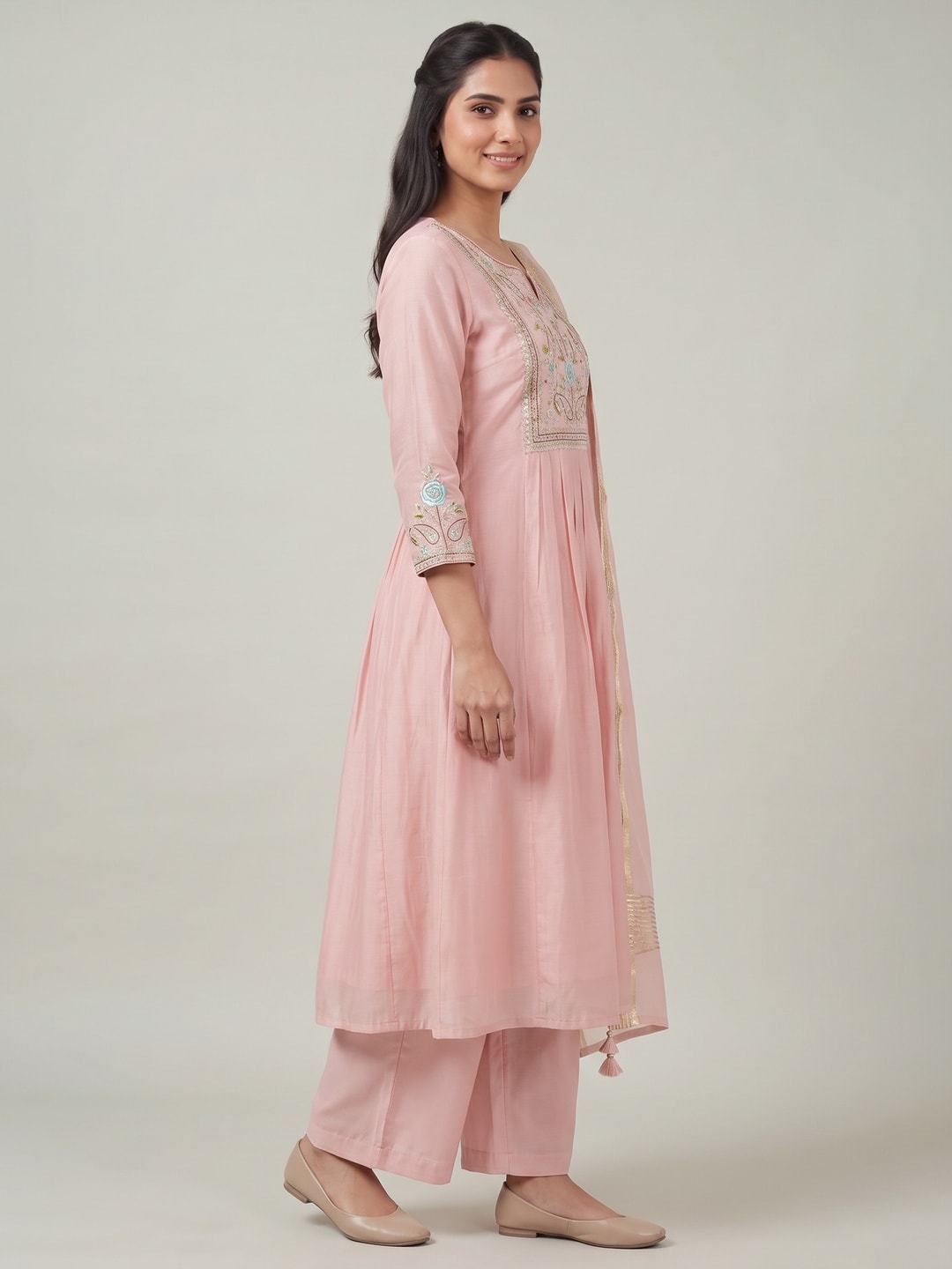 Peachmode Peach Chanderi Silk Salwar Suit With Floral Embroidered Yoke - Image 2