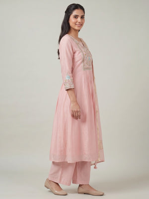 Peachmode Peach Chanderi Silk Salwar Suit With Floral Embroidered Yoke - Image 2