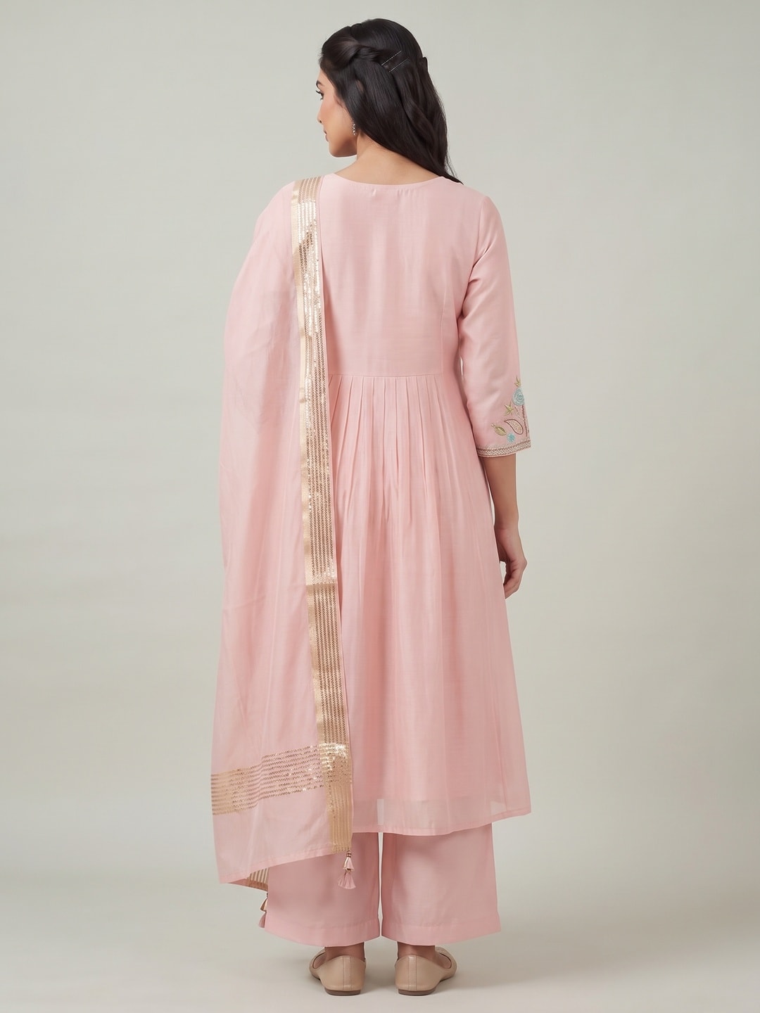 Peachmode Peach Chanderi Silk Salwar Suit With Floral Embroidered Yoke - Image 3
