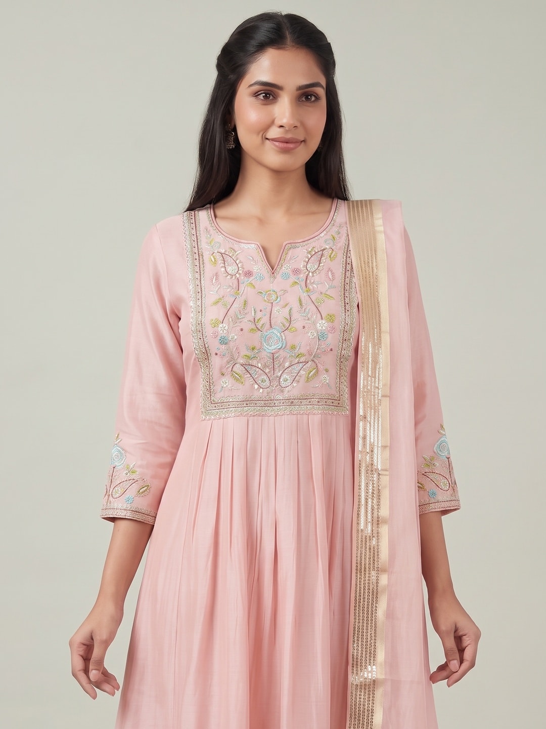 Peachmode Peach Chanderi Silk Salwar Suit With Floral Embroidered Yoke - Image 4