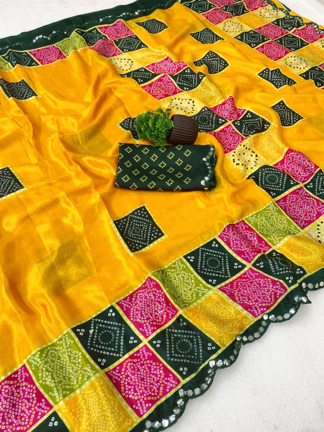 Peachmode Yellow Turki Silk Saree With Bandhani Patchwork And Mirror Work Border - Image 4