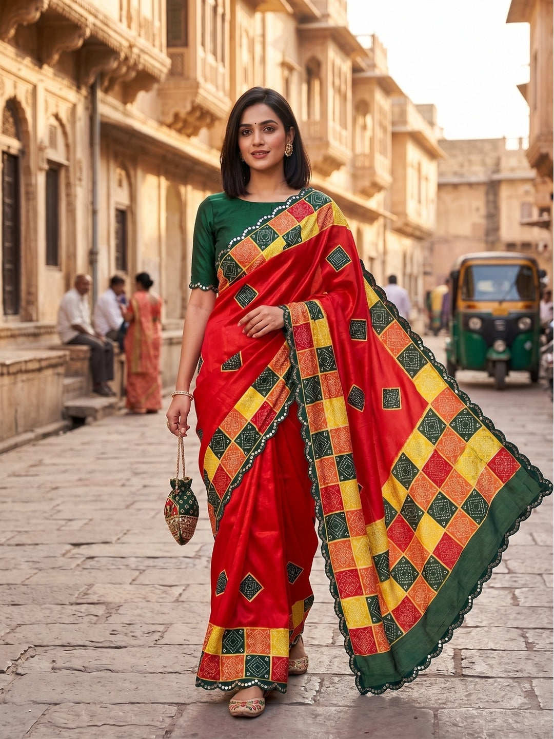 Peachmode Red Turki Silk Saree With Bandhani Patchwork And Mirror Work Border - Image 1