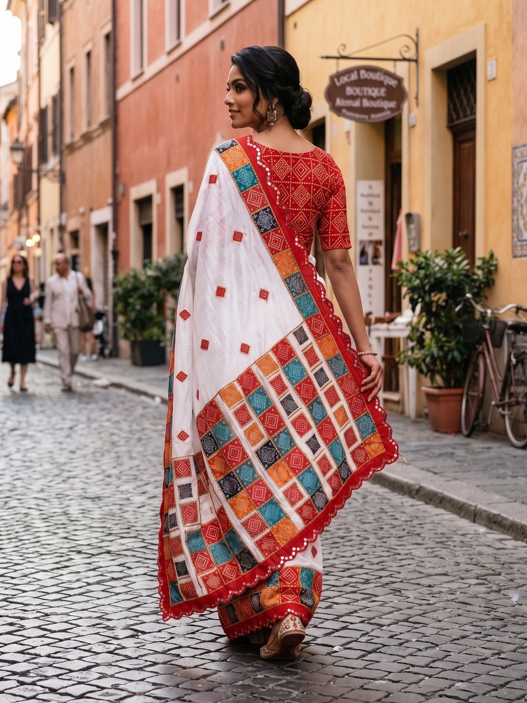 Peachmode White Turki Silk Saree With Bandhani Patchwork And Mirror Work Border - Image 2