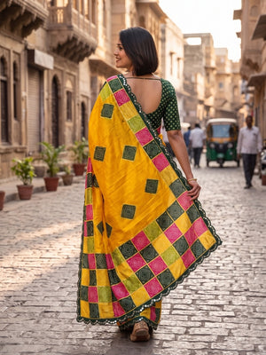 Peachmode Yellow Turki Silk Saree With Bandhani Patchwork And Mirror Work Border - Image 2