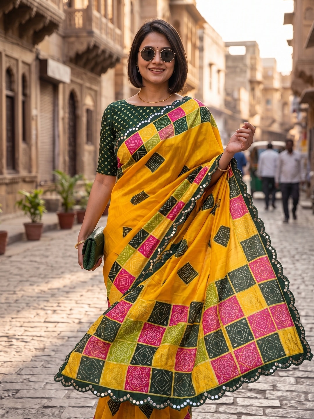 Peachmode Yellow Turki Silk Saree With Bandhani Patchwork And Mirror Work Border - Image 3