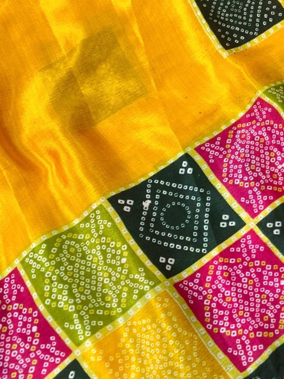 Peachmode Yellow Turki Silk Saree With Bandhani Patchwork And Mirror Work Border - Image 5