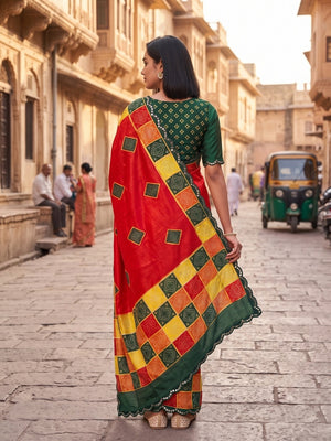 Peachmode Red Turki Silk Saree With Bandhani Patchwork And Mirror Work Border - Image 2
