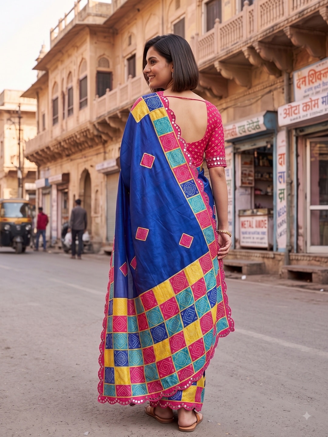 Peachmode Blue Turki Silk Saree With Bandhani Patchwork And Mirror Work Border - Image 2