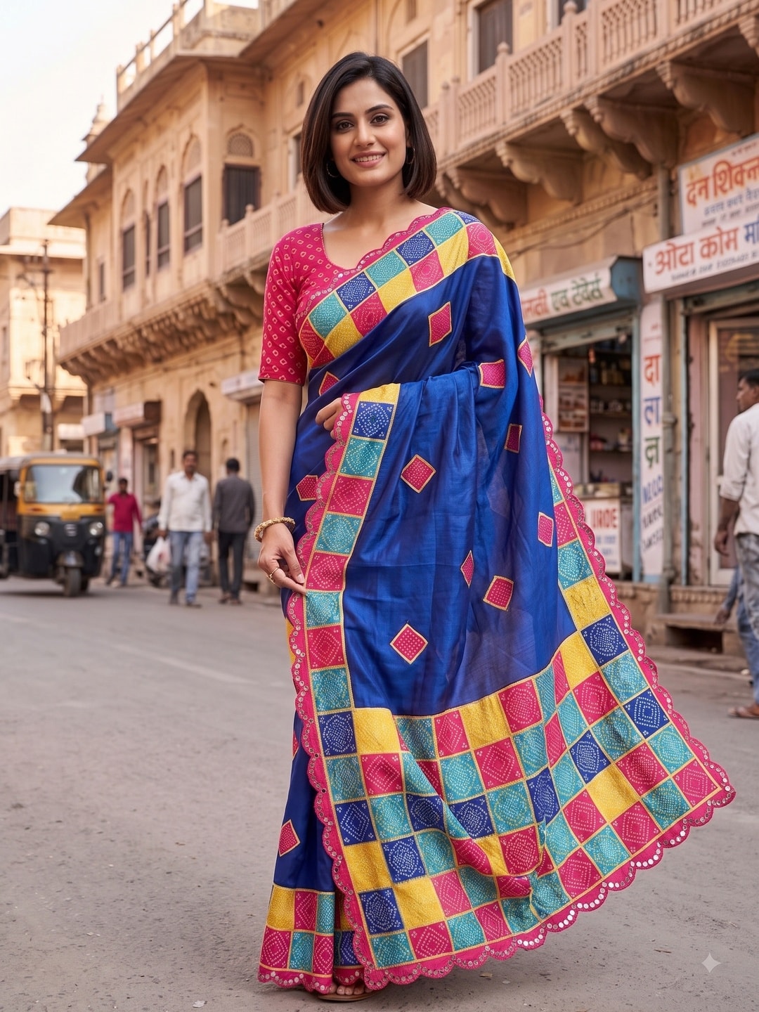 Peachmode Blue Turki Silk Saree With Bandhani Patchwork And Mirror Work Border - Image 3