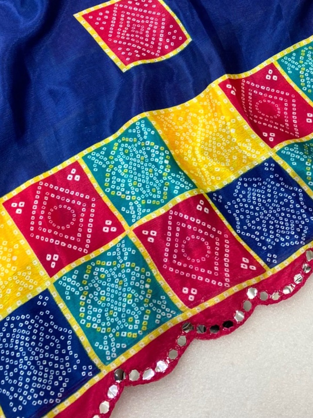 Peachmode Blue Turki Silk Saree With Bandhani Patchwork And Mirror Work Border - Image 5