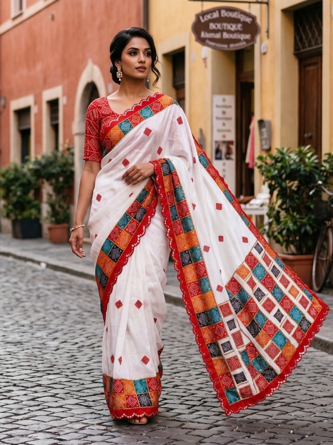 Peachmode White Turki Silk Saree With Bandhani Patchwork And Mirror Work Border - Image 1