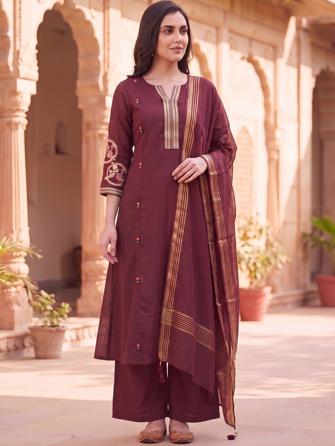 Peachmode Maroon Chanderi Silk Salwar Suit With Embroidered V Placket - Image 3