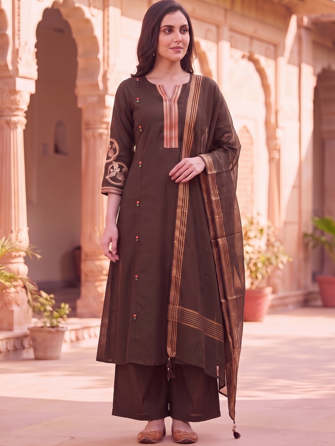 Peachmode Brown Chanderi Silk Salwar Suit With Embroidered V Placket - Image 3