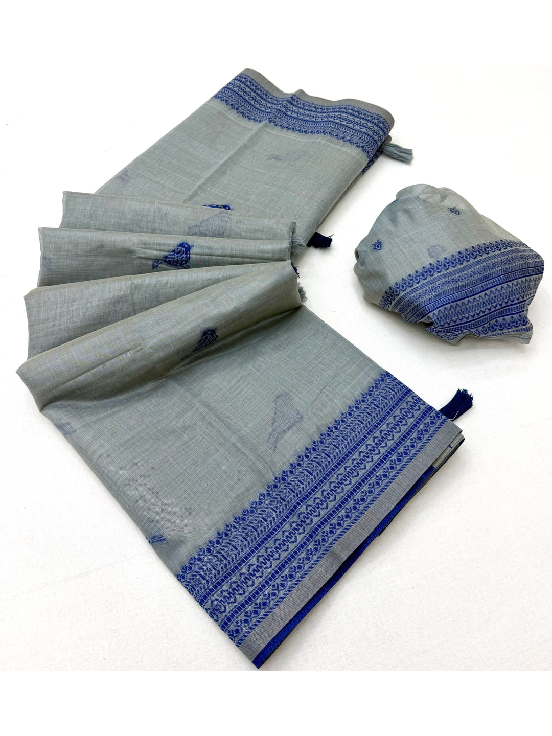 Peachmode Grey Soft Cotton Saree With Jamdani Style Sparrow Weaving - Image 5
