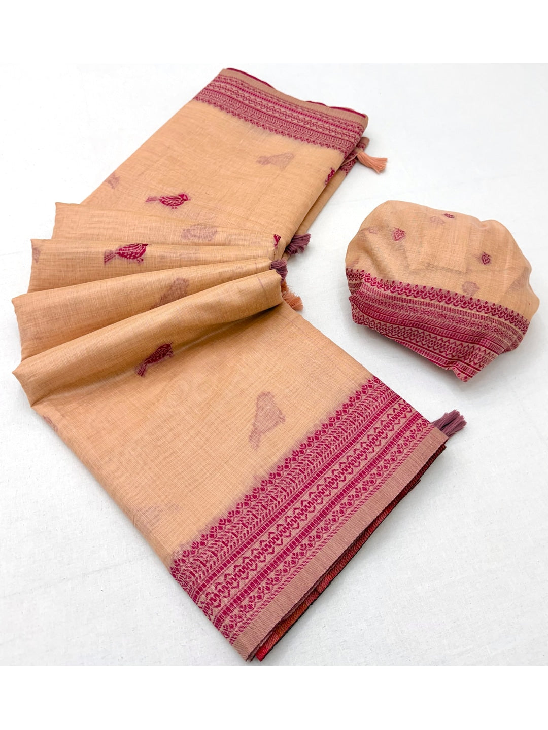 Peachmode Peach Soft Cotton Saree With Jamdani Style Sparrow Weaving - Image 5