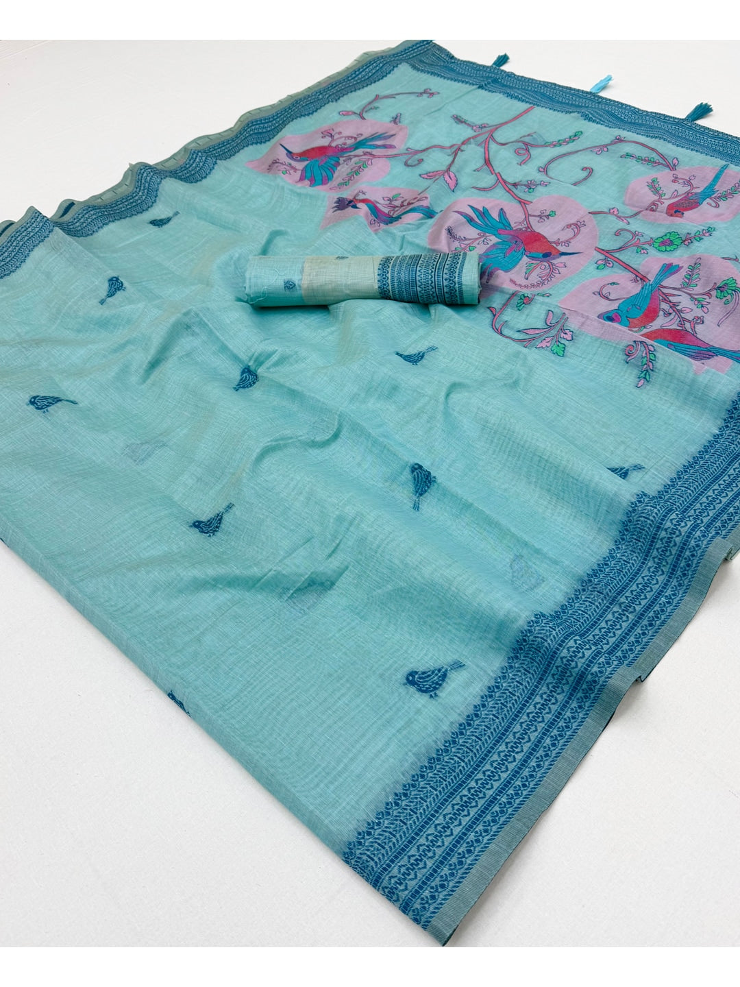 Peachmode Sky Blue Soft Cotton Saree With Jamdani Style Sparrow Weaving - Image 4