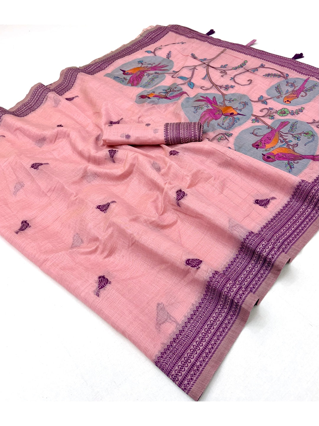 Peachmode Pink Soft Cotton Saree With Jamdani Style Sparrow Weaving - Image 4