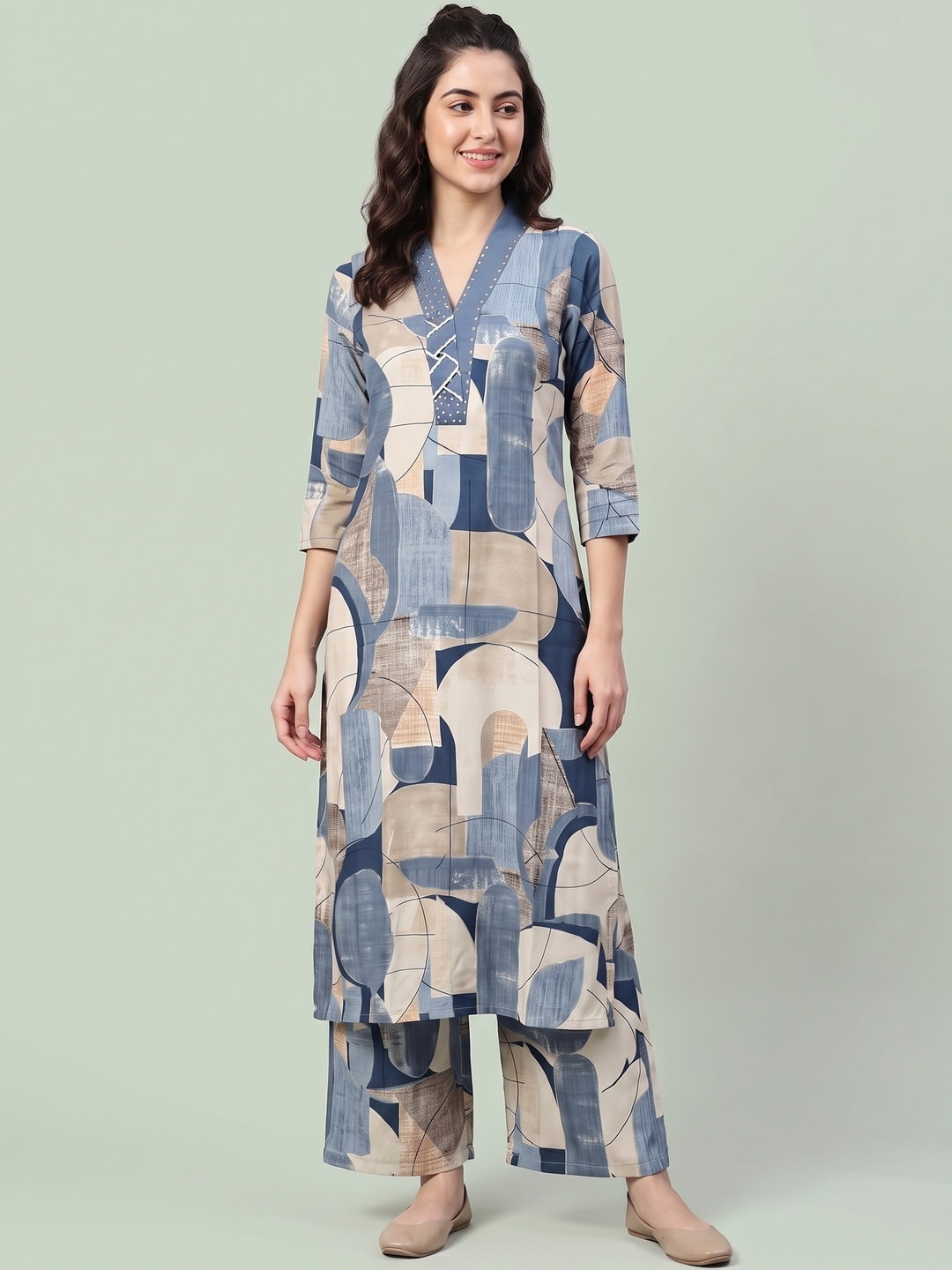 Peachmode Blue Rayon Abstract Printed Co-ord Set - Image 1