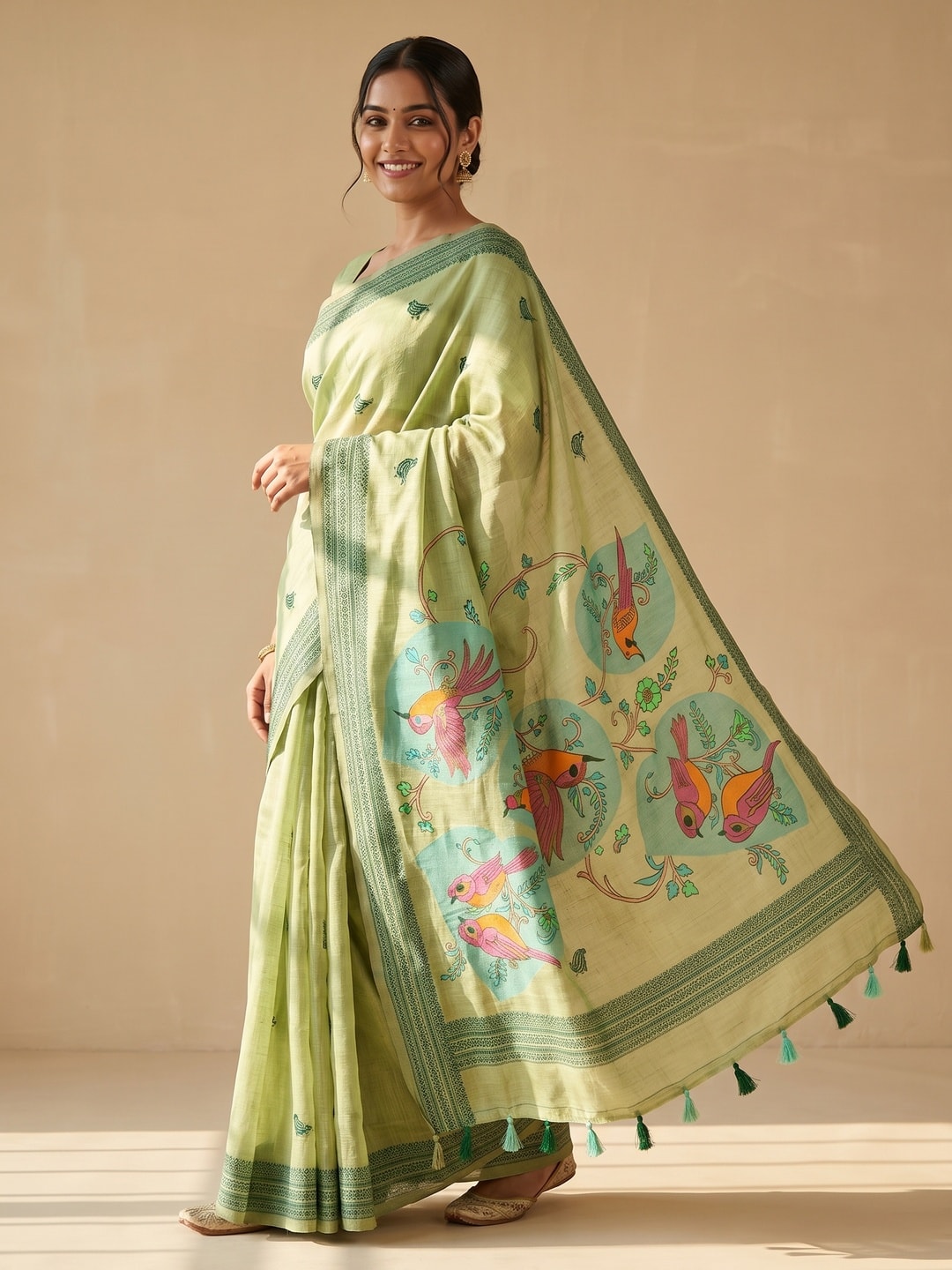Peachmode Light Green Soft Cotton Saree With Jamdani Style Sparrow Weaving - Image 1