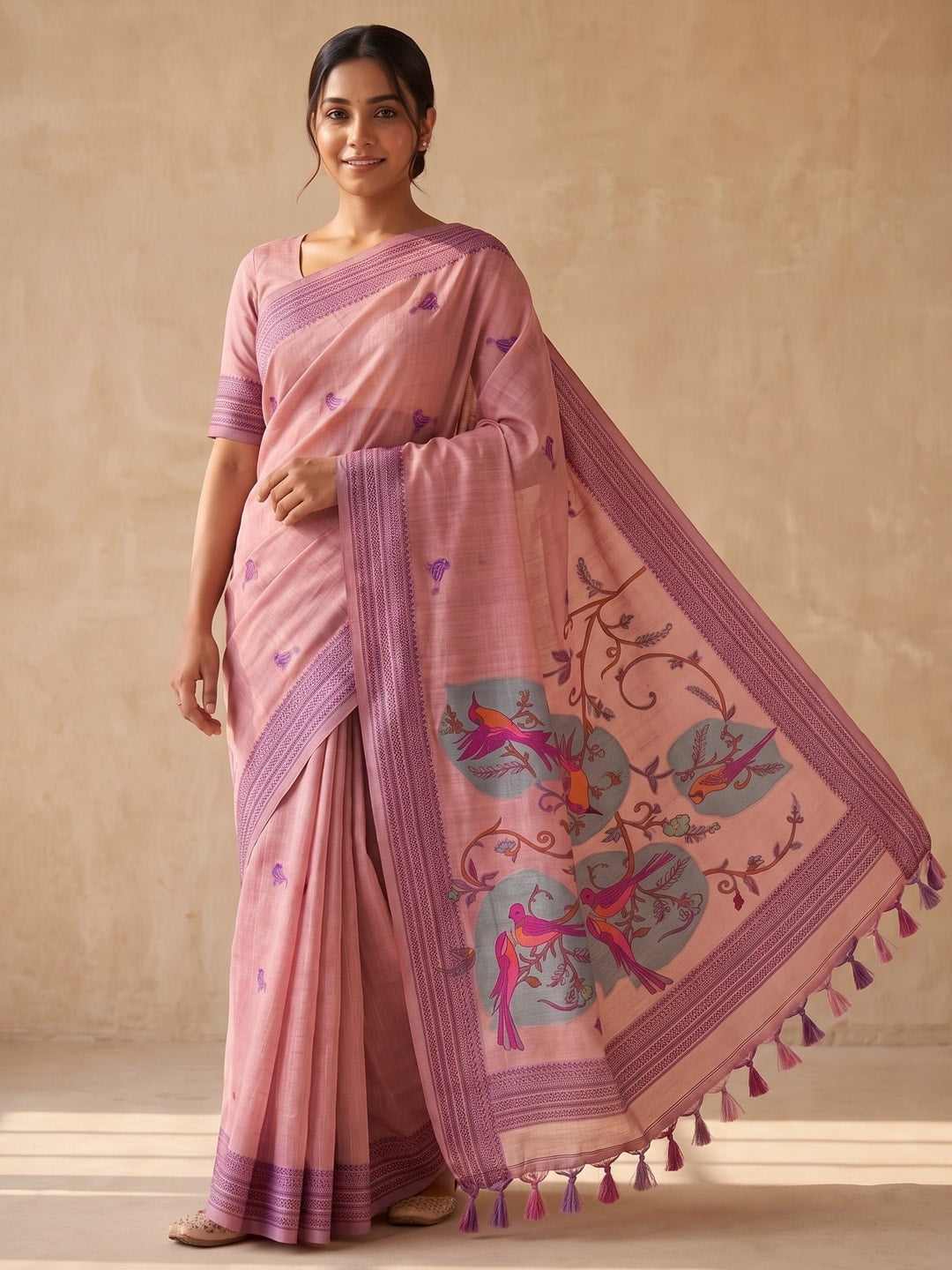 Peachmode Pink Soft Cotton Saree With Jamdani Style Sparrow Weaving - Image 1