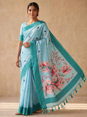 Peachmode Sky Blue Soft Cotton Saree With Jamdani Style Sparrow Weaving - Image 1