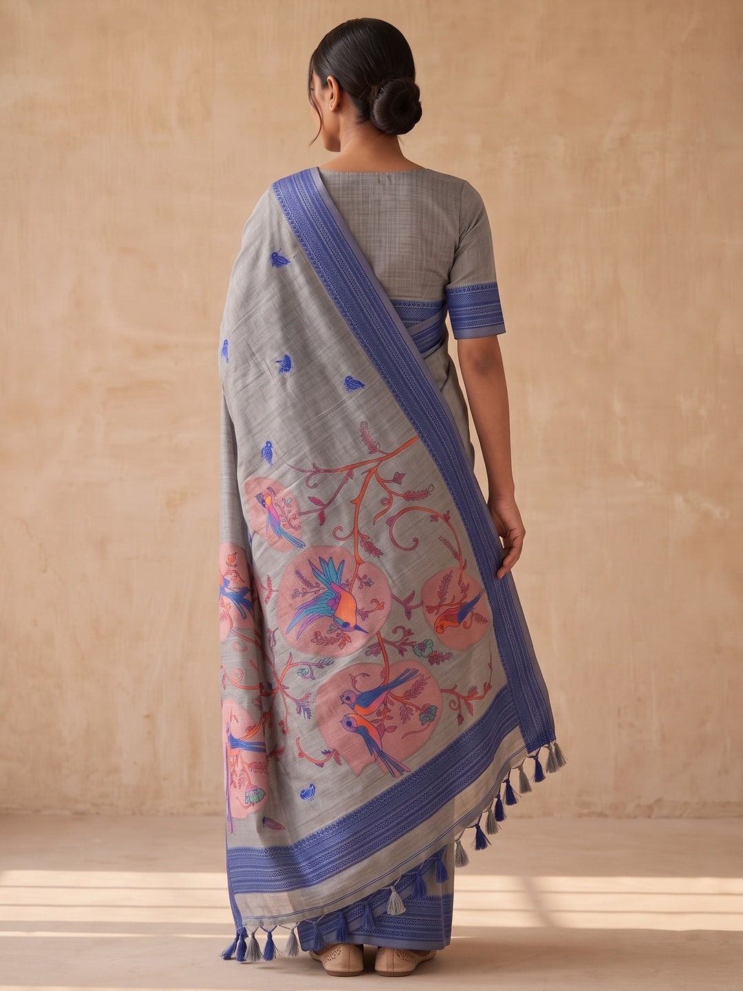 Peachmode Grey Soft Cotton Saree With Jamdani Style Sparrow Weaving - Image 2
