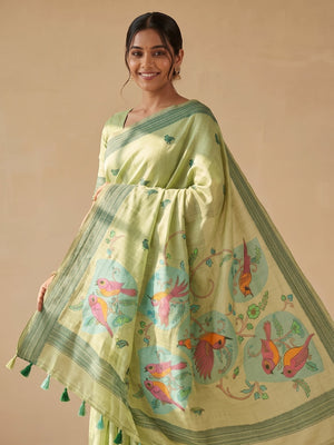 Peachmode Light Green Soft Cotton Saree With Jamdani Style Sparrow Weaving - Image 2
