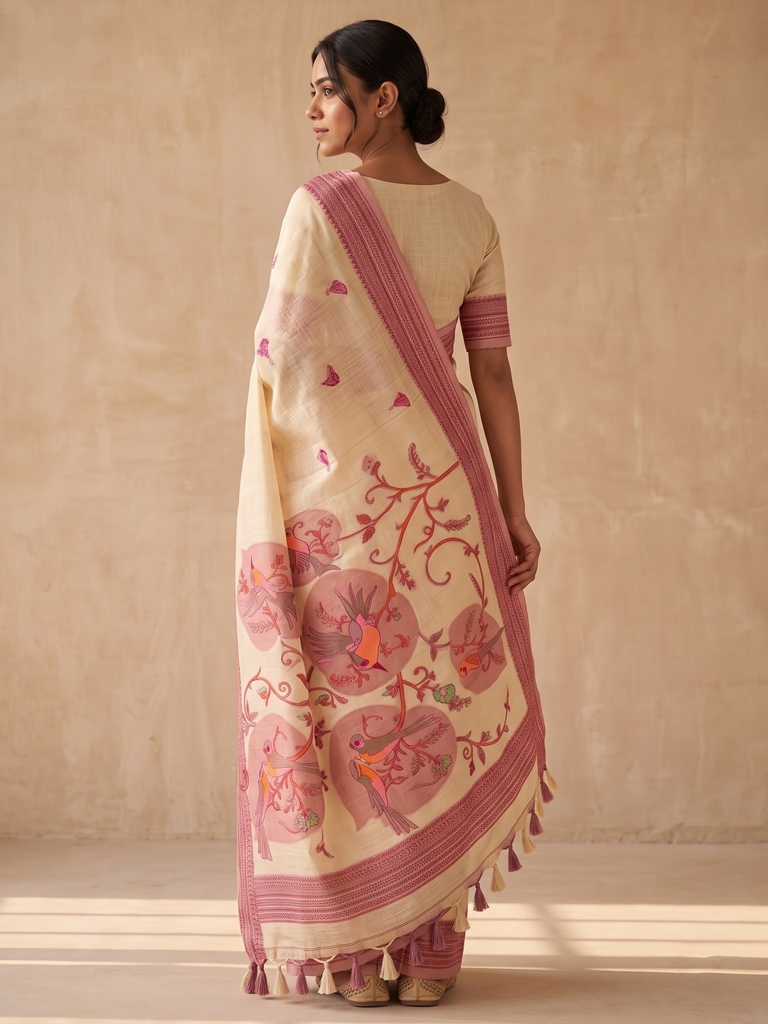 Peachmode Cream Soft Cotton Saree With Jamdani Style Sparrow Weaving - Image 2