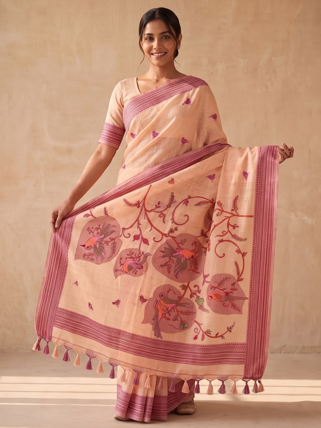 Peachmode Peach Soft Cotton Saree With Jamdani Style Sparrow Weaving - Image 2