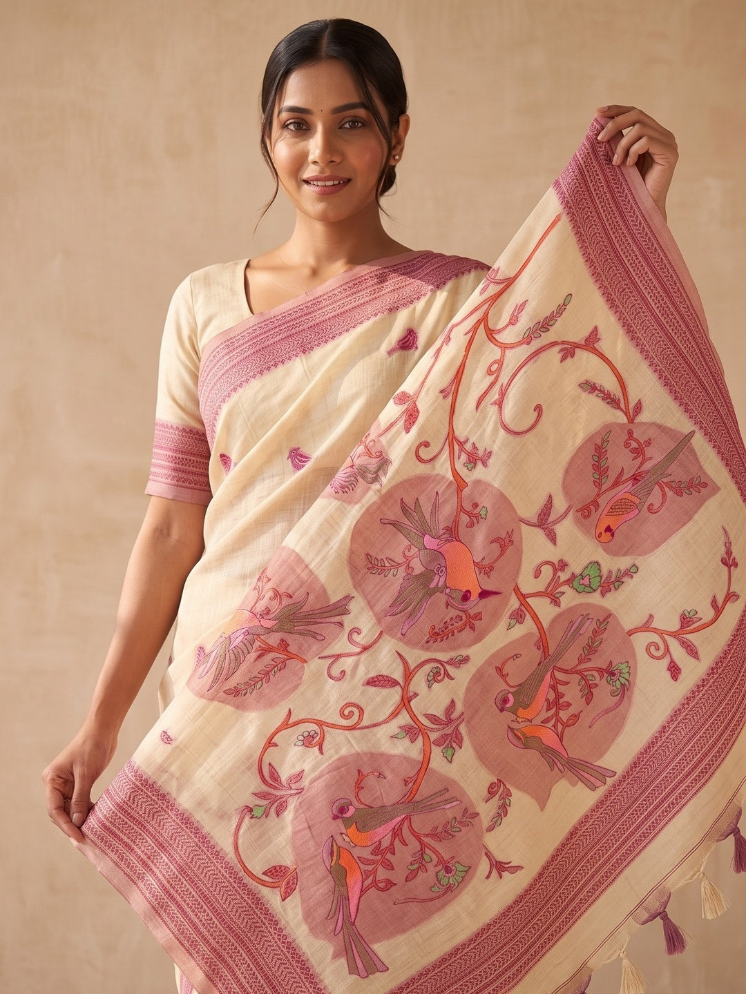 Peachmode Cream Soft Cotton Saree With Jamdani Style Sparrow Weaving - Image 3