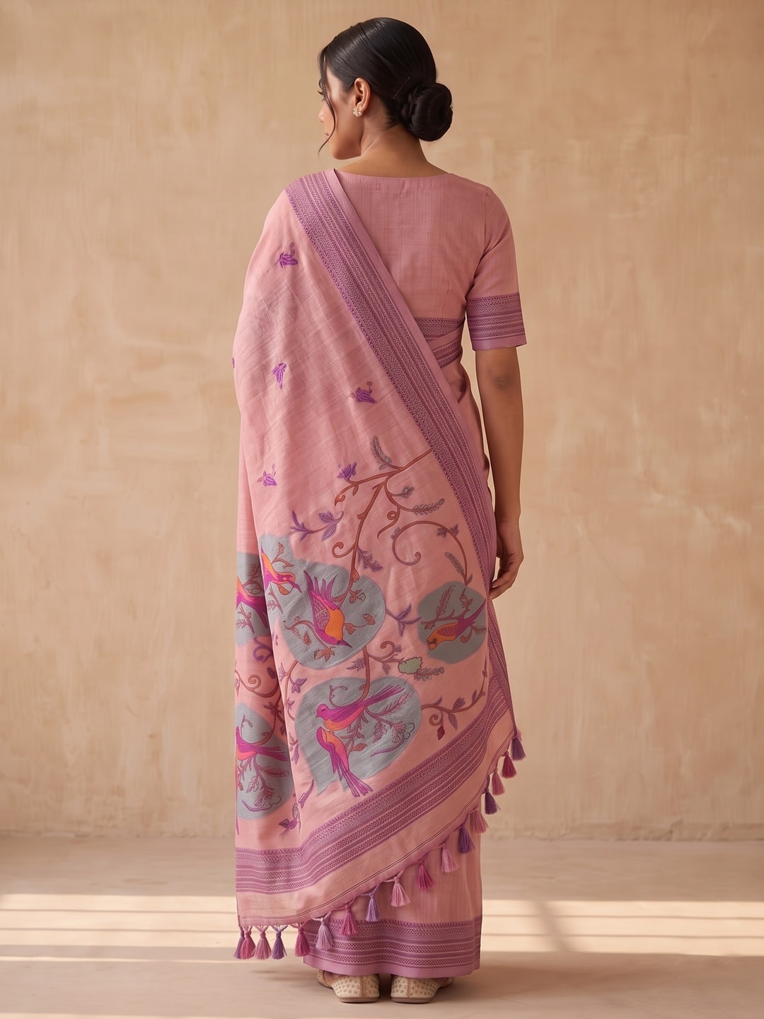 Peachmode Pink Soft Cotton Saree With Jamdani Style Sparrow Weaving - Image 3