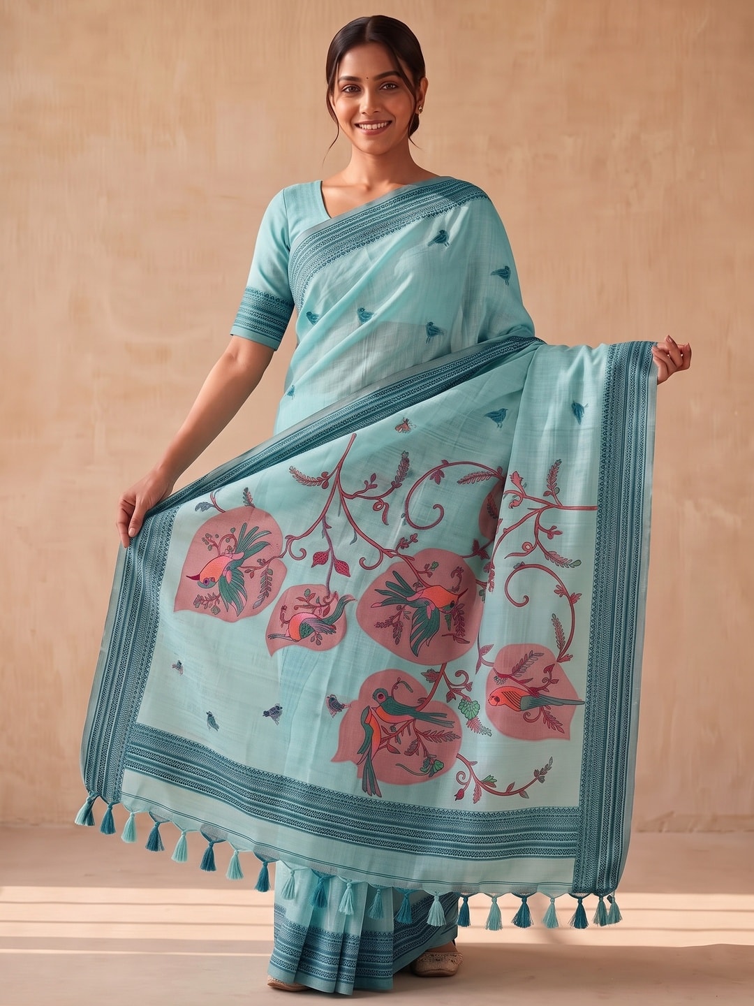 Peachmode Sky Blue Soft Cotton Saree With Jamdani Style Sparrow Weaving - Image 3