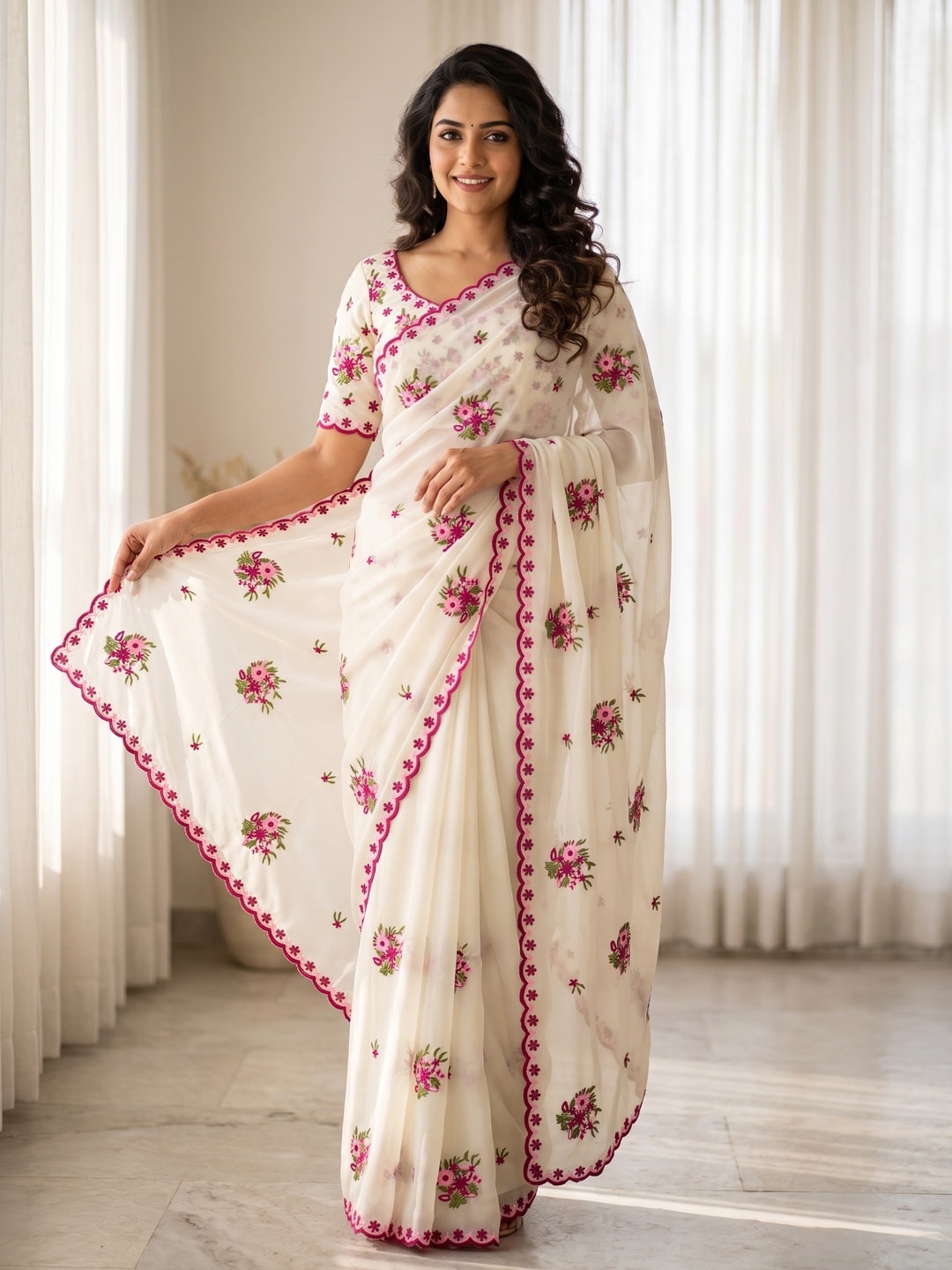 Peachmode Off White Star Georgette Saree With Multi Thread Floral Work And Cut Border - Image 1