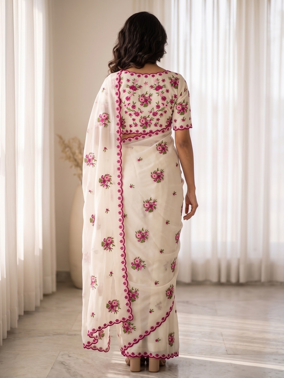 Peachmode Off White Star Georgette Saree With Multi Thread Floral Work And Cut Border - Image 2