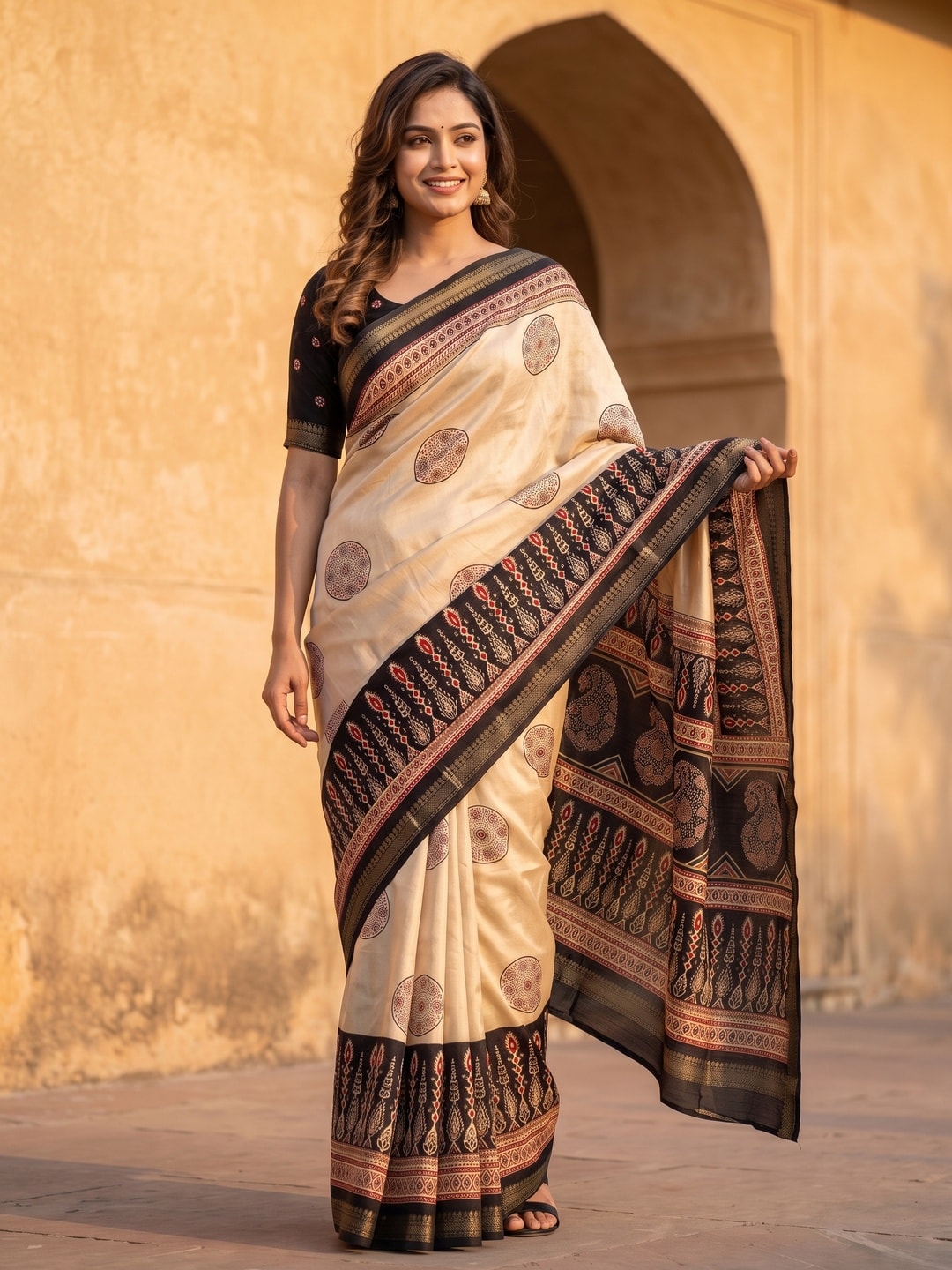 Peachmode Black Marshmallow Saree With Kalamkari Print And Woven Jacquard Border - Image 1