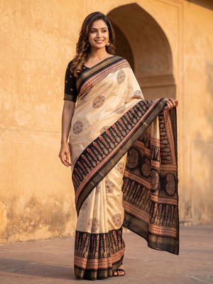 Peachmode Black Marshmallow Saree With Kalamkari Print And Woven Jacquard Border - Image 1