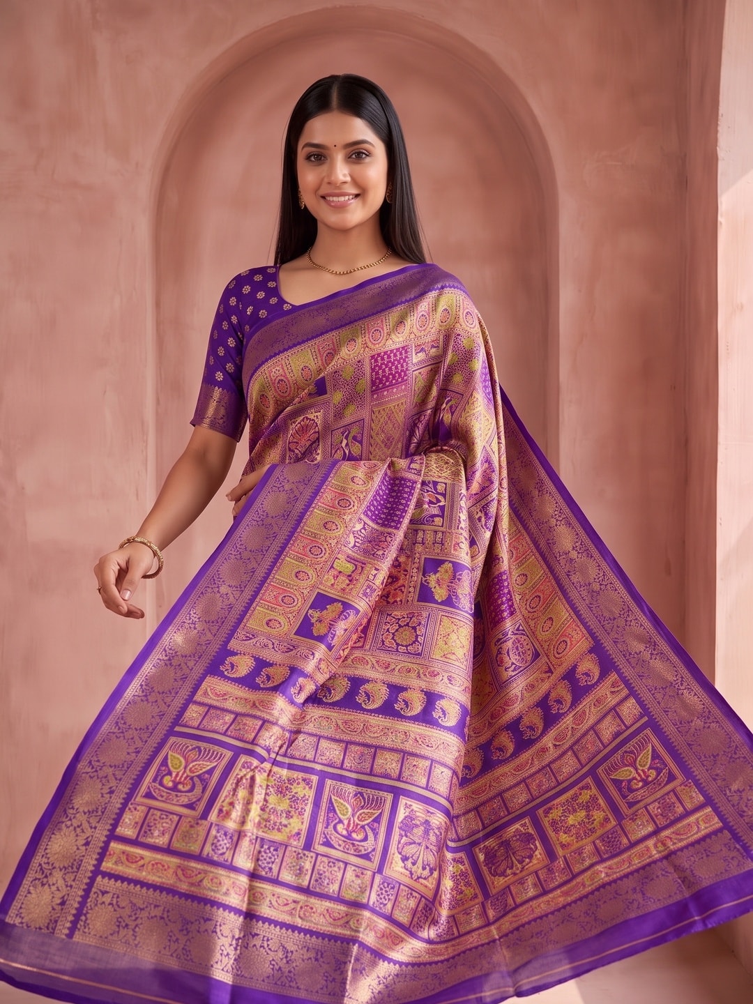Peachmode Purple Benny Crepe Silk Saree With Position Print And Woven Jacquard Border - Image 3