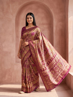 Peachmode Wine Benny Crepe Silk Saree With Position Print And Woven Jacquard Border - Image 1