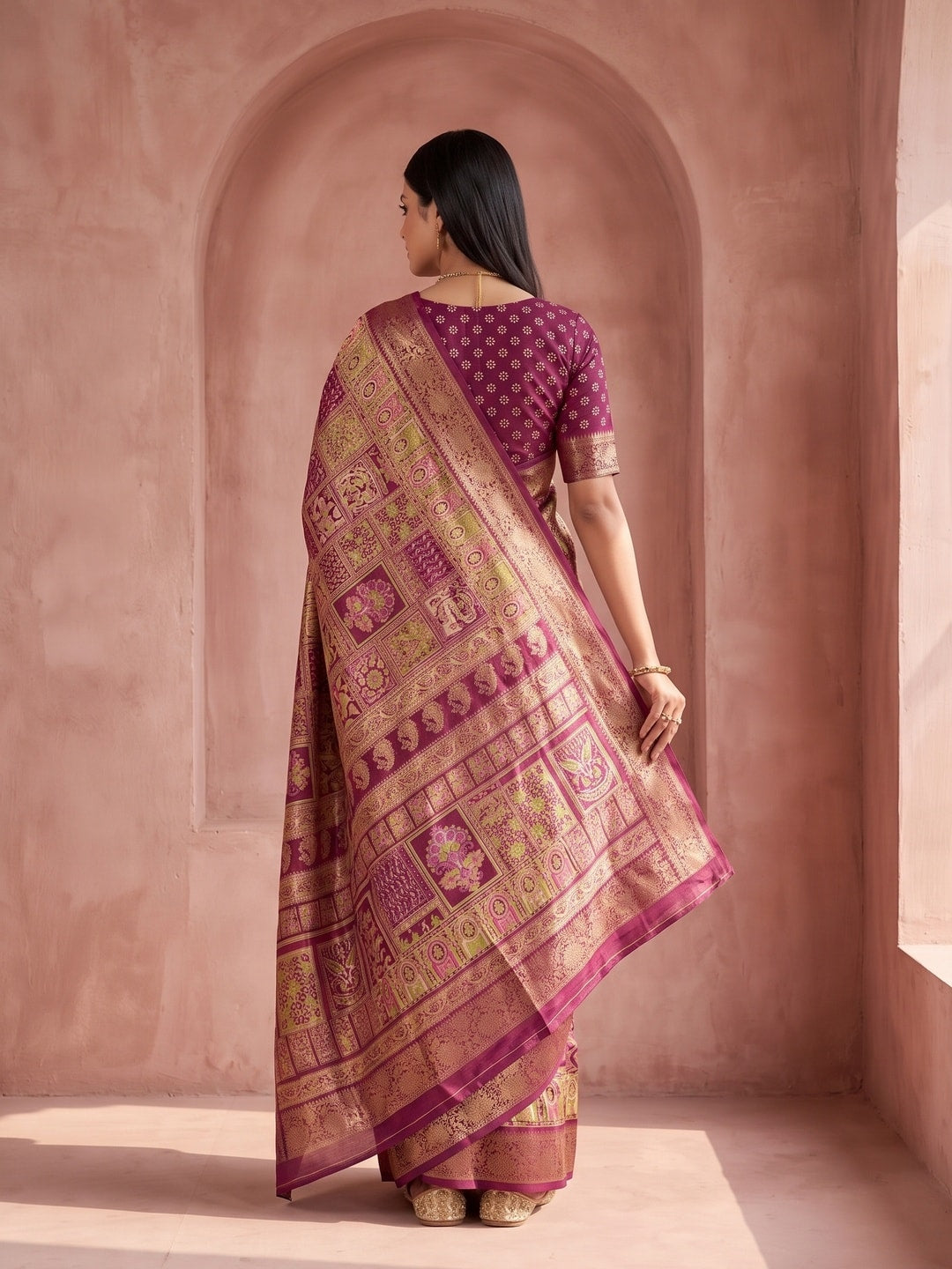 Peachmode Wine Benny Crepe Silk Saree With Position Print And Woven Jacquard Border - Image 2