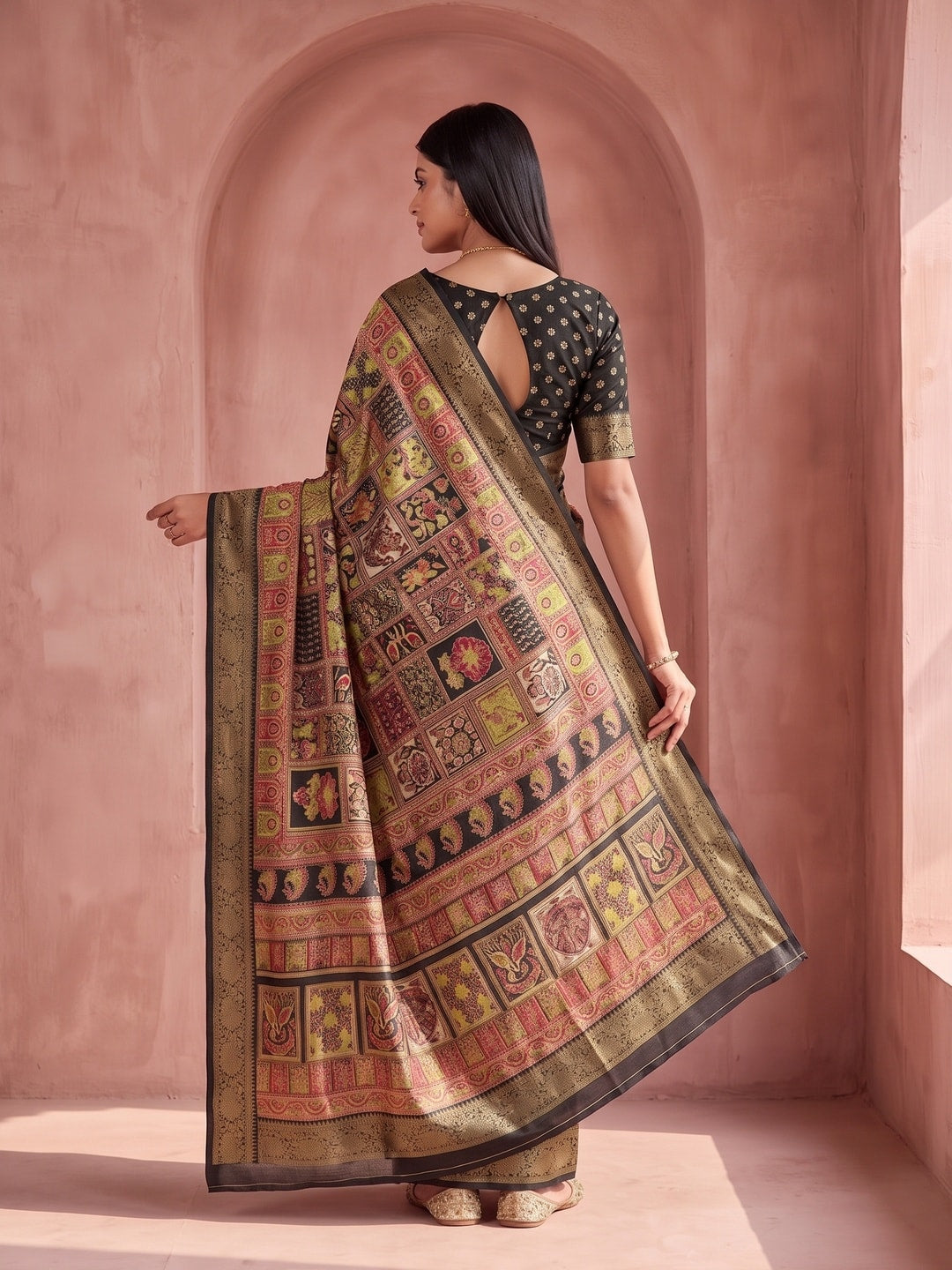 Peachmode Black Benny Crepe Silk Saree With Position Print And Woven Jacquard Border - Image 3