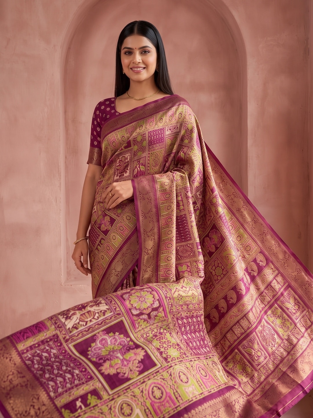 Peachmode Wine Benny Crepe Silk Saree With Position Print And Woven Jacquard Border - Image 3