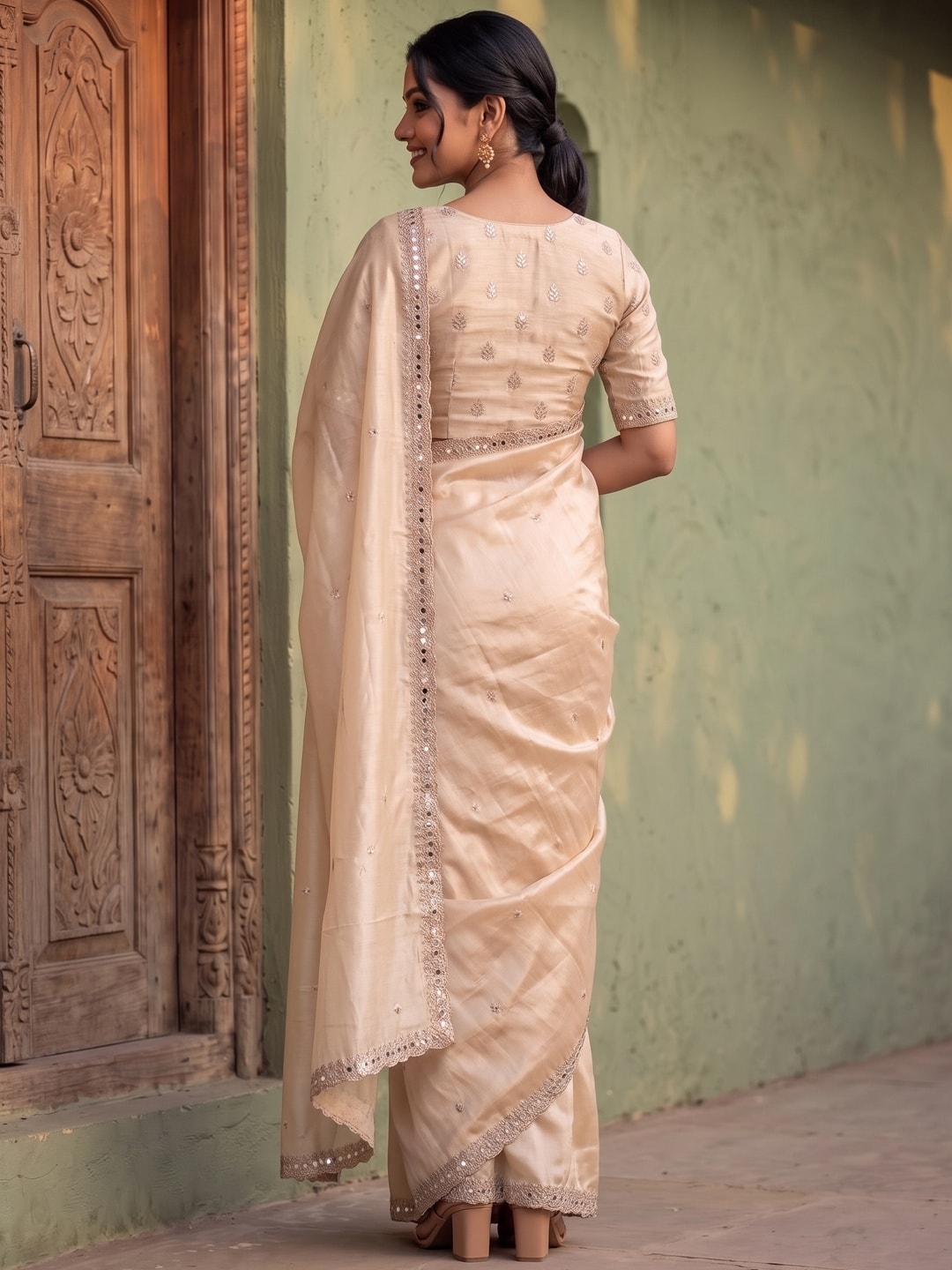 Peachmode Beige Rangoli Silk Saree With Hand Mirror Work Border And Jari C-Pallu - Image 2