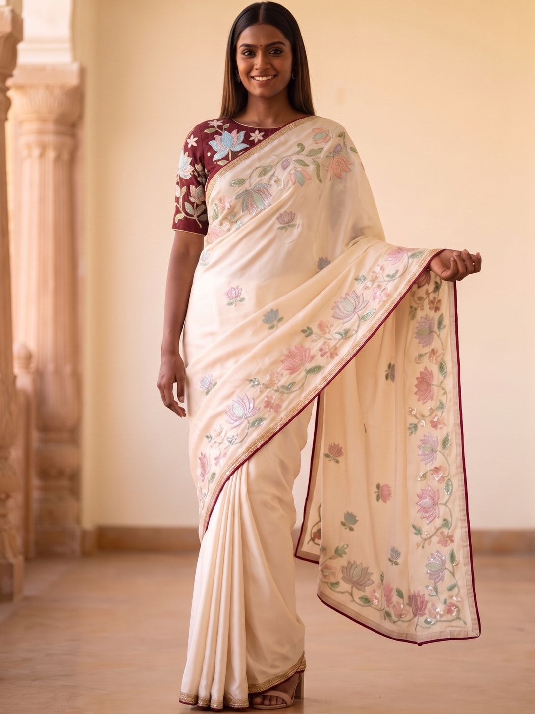 Peachmode Cream Frendy Satin Saree With Floral Sequin Embroidery And Lace Border - Image 1