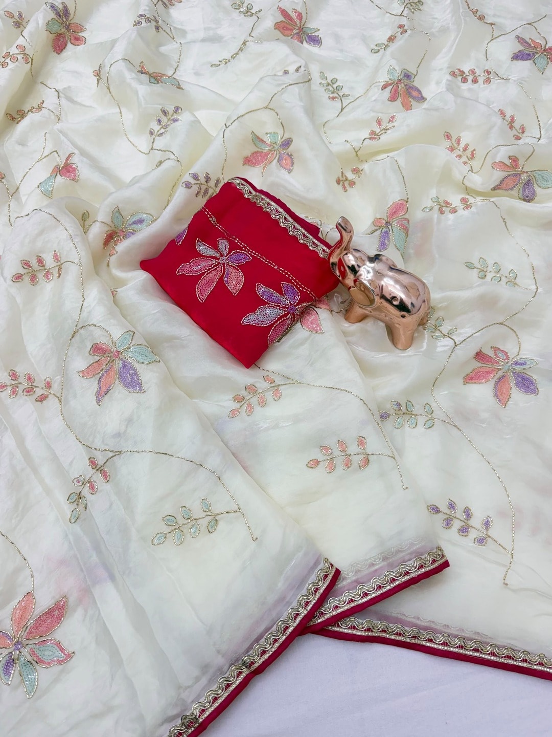 Peachmode Cream Frendy Satin Saree With Floral Sequin Embroidery And Lace Border - Image 5
